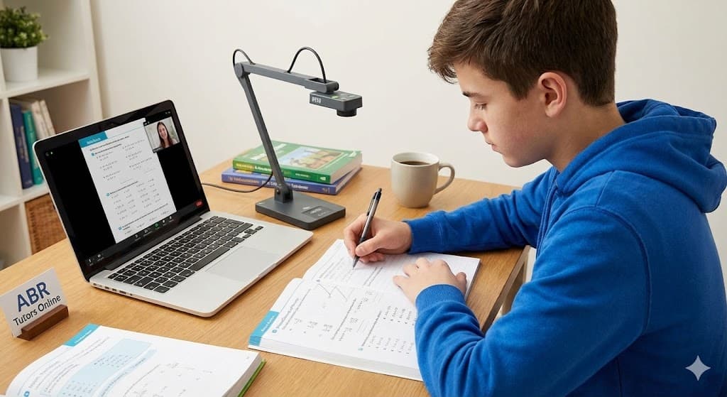 Document reader over maths book showing student writing in workbook
